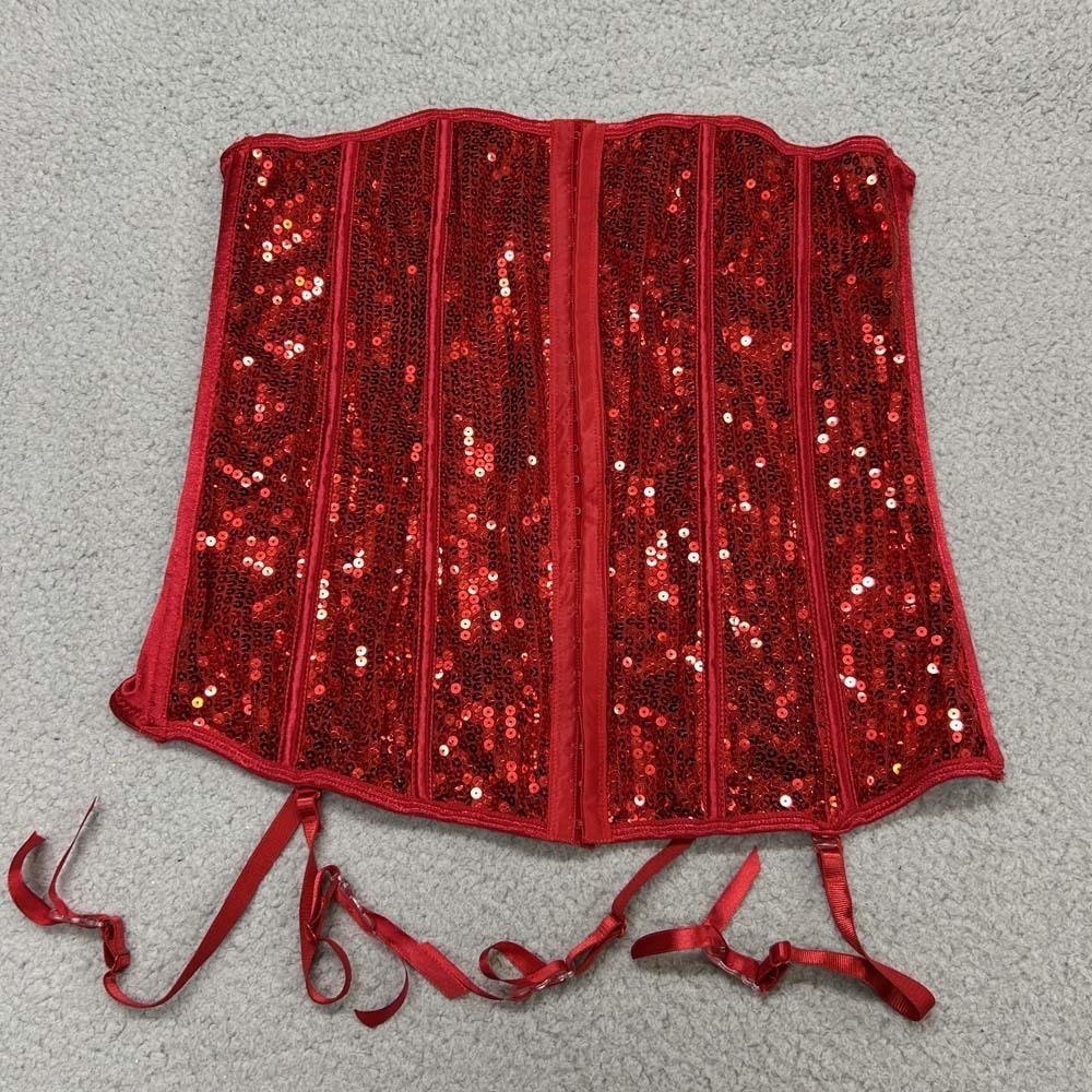 Seven Til Midnight Corset 4XL Red Sequin Bustier Boned Garter Straps Plus Size